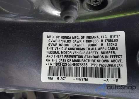 2017 Honda Civic Lx из США, поврежденный, VIN 19XFC2F56HE023625
